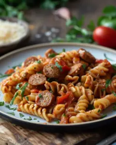 Delicious Cajun Sausage Pasta with spices and creamy sauce
