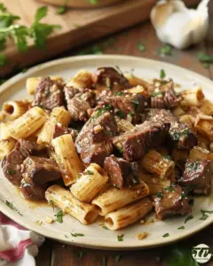 Plate of Cajun steak tips served with cheesy rigatoni for a flavorful meal
