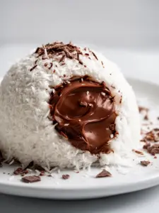 Coconut dome dessert topped with rich chocolate spread