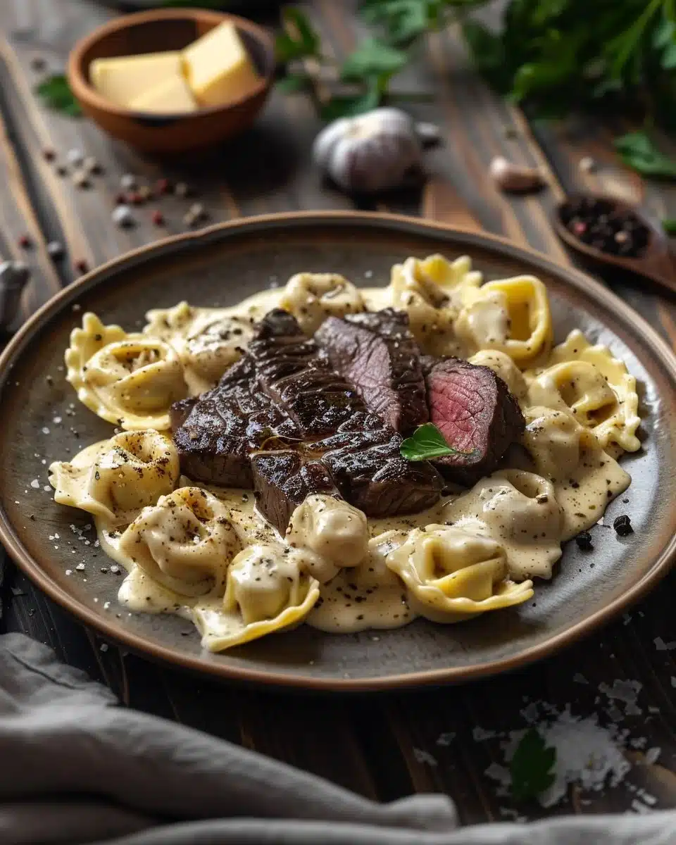 Delicious cracked Garlic Steak Tortellini served in creamy sauce