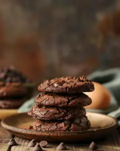 Gourmet brownie cookies stacked on a plate, showcasing their rich chocolate texture.