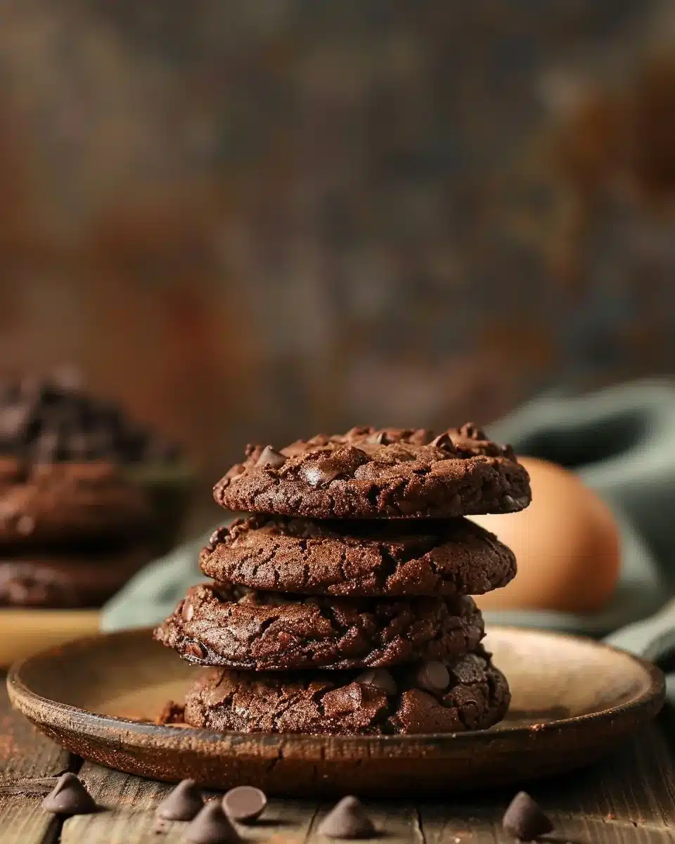 Gourmet brownie cookies stacked on a plate, showcasing their rich chocolate texture.