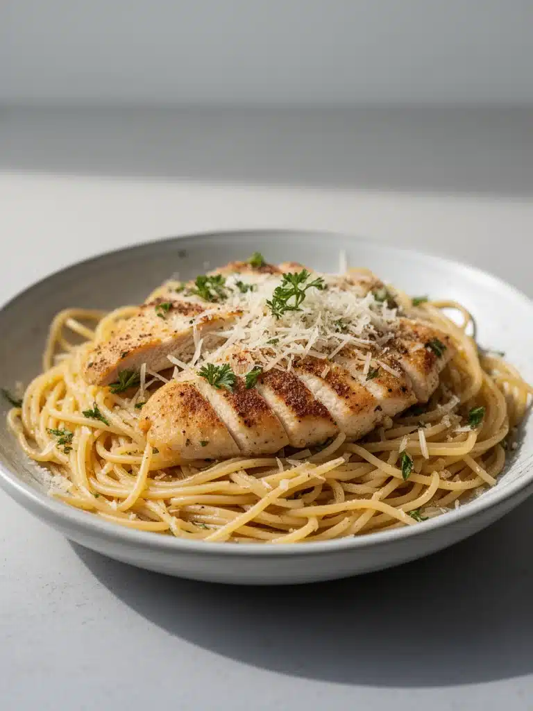 Healthy garlic parmesan chicken pasta dish with fresh ingredients