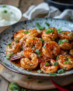High-protein honey garlic shrimp dish garnished with fresh herbs