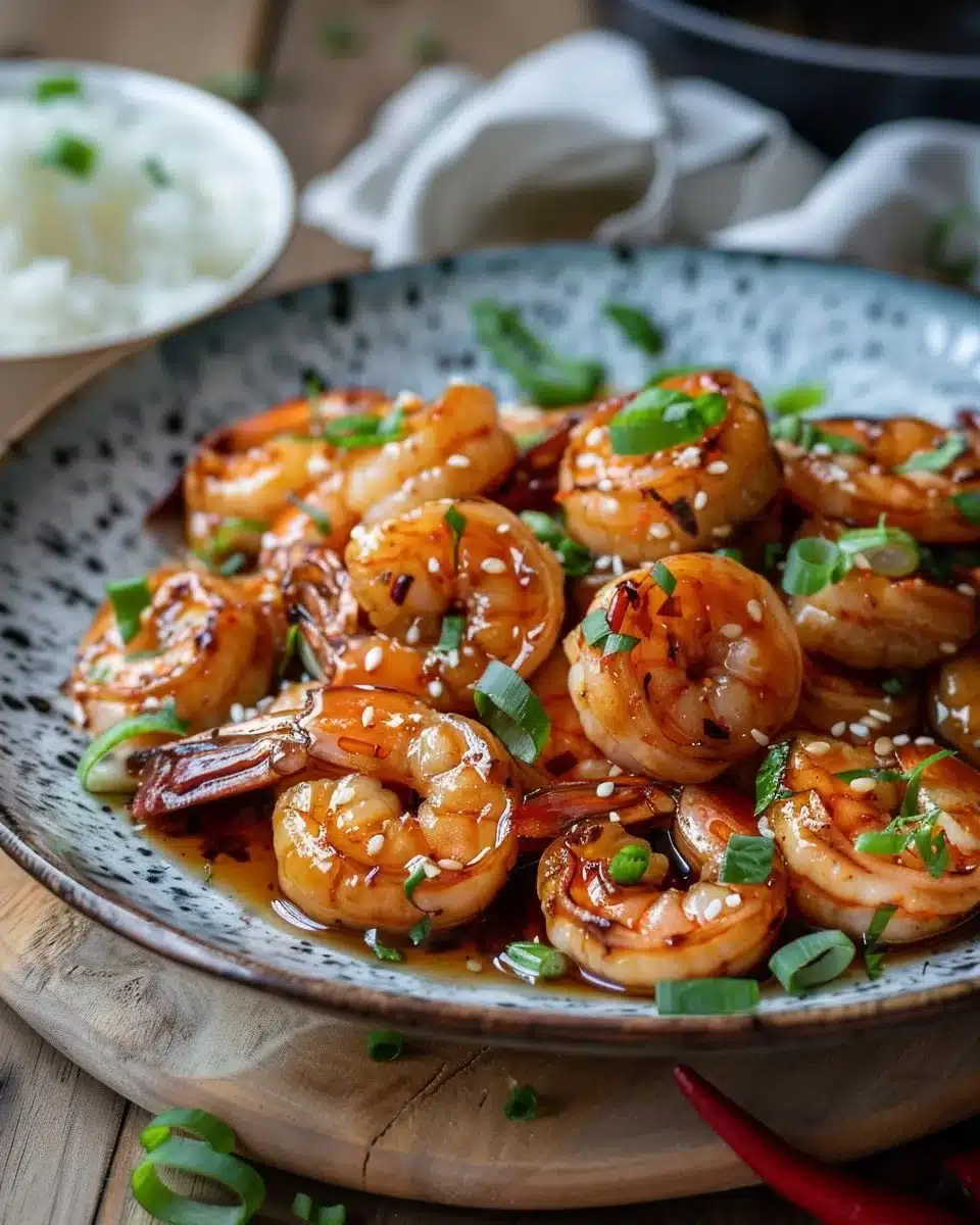 High-protein honey garlic shrimp dish garnished with fresh herbs