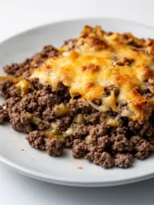 Hobo Casserole with ground beef and colorful vegetables in a baking dish.