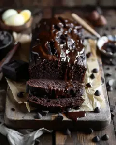 Slice of hot fudge brownie bread topped with melted fudge and chocolate chips.