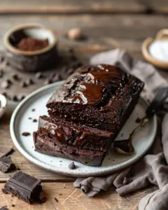 Slice of hot fudge brownie bread with chocolate drizzle on top