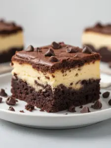 Deliciously layered cheesecake brownies on a plate