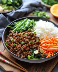 Delicious bowl of Korean Ground Beef served with rice and vegetables