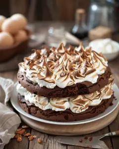 Delicious Milk Chocolate Meringue Cake with chocolate layers and meringue topping