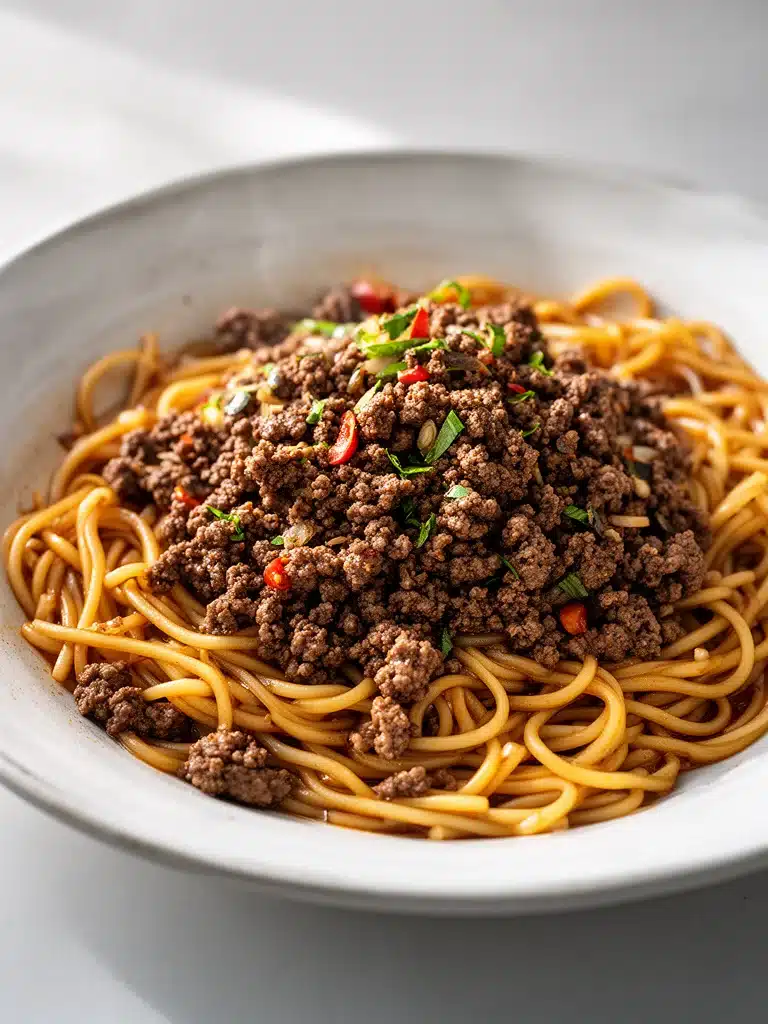 Plate of Mongolian Ground Beef Noodles garnished with vegetables