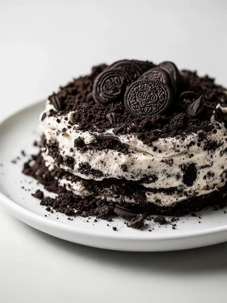Delicious Oreo Dirt Cake with crushed Oreos and chocolate pudding layers