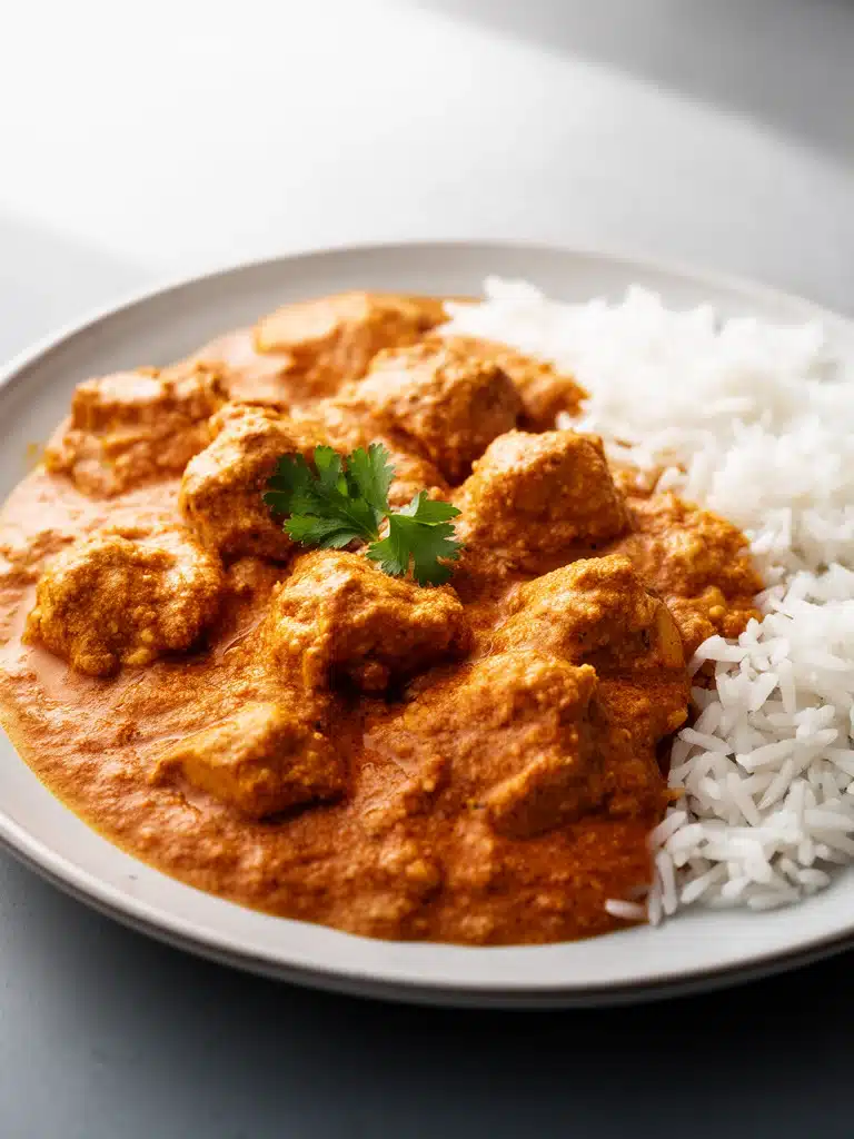 Delicious homemade butter chicken in a creamy sauce served with rice