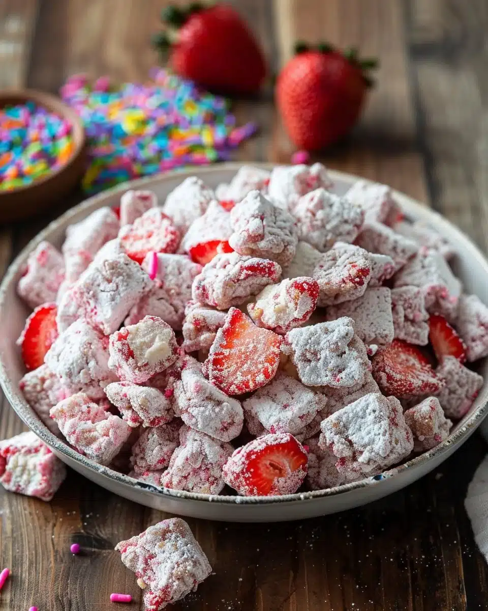 A bowl of quick strawberry shortcake puppy chow with strawberries on a white background.