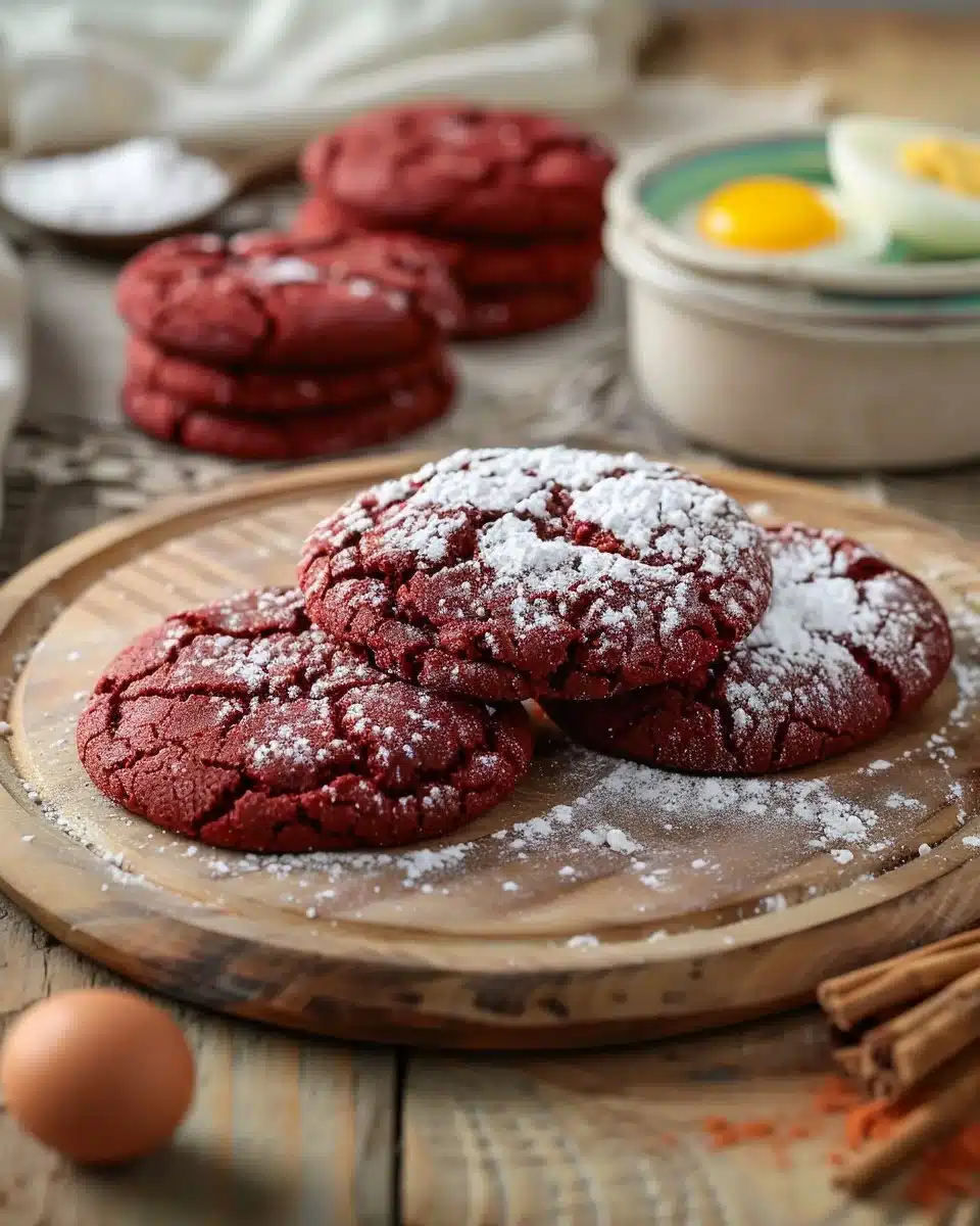 Freshly baked Red Velvet Crinkle Cookies with a soft, crinkled surface.