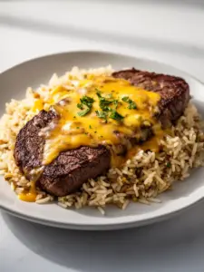 A delicious plate of Steak Queso Rice topped with melted cheese and herbs.