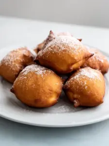 Freshly baked Vanilla French Beignets dusted with powdered sugar