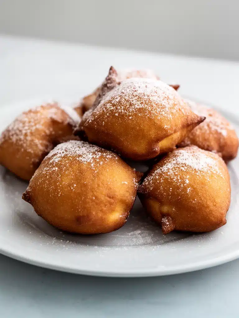 Freshly baked Vanilla French Beignets dusted with powdered sugar