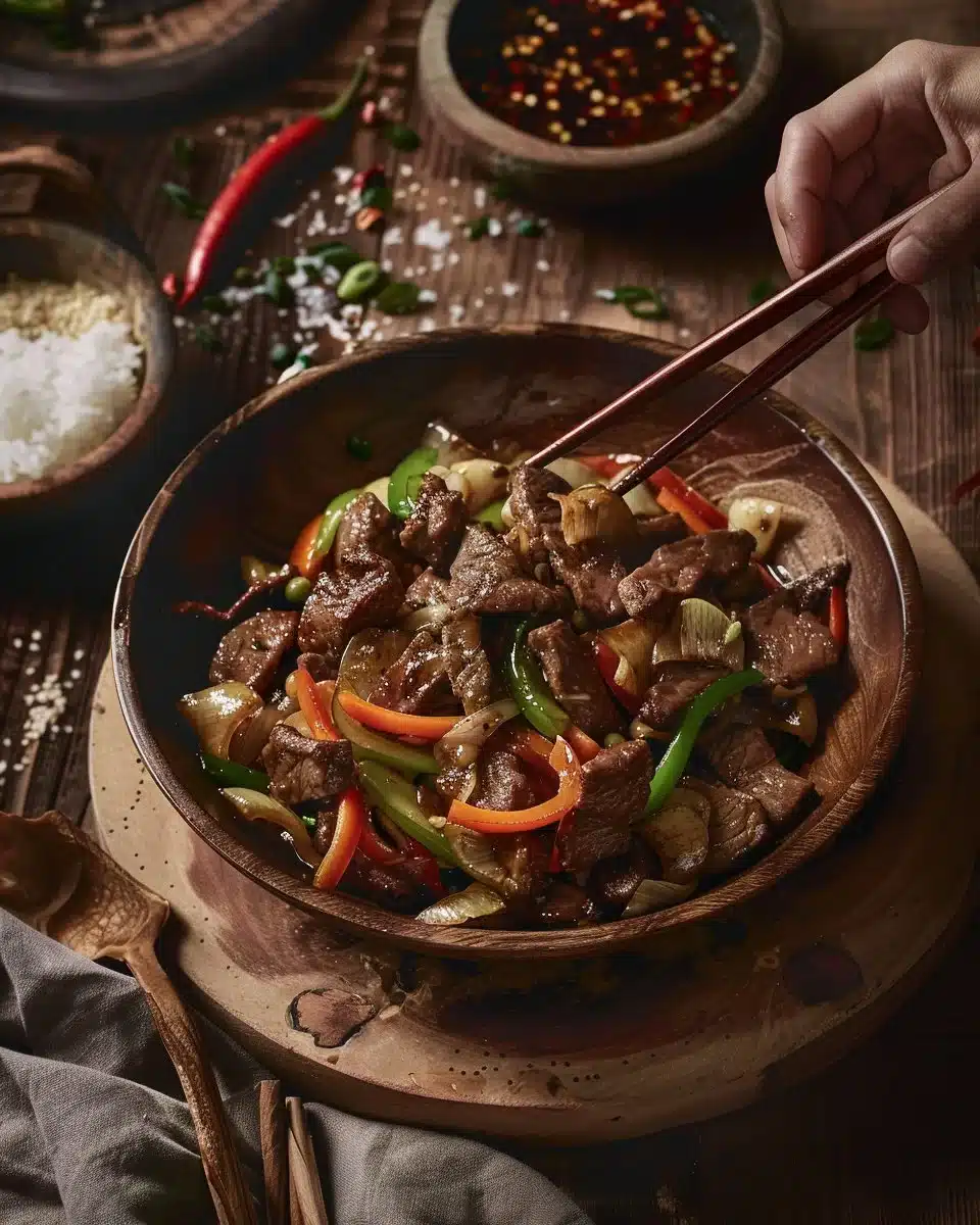 30-minute beef stir fry with colorful vegetables in a bowl