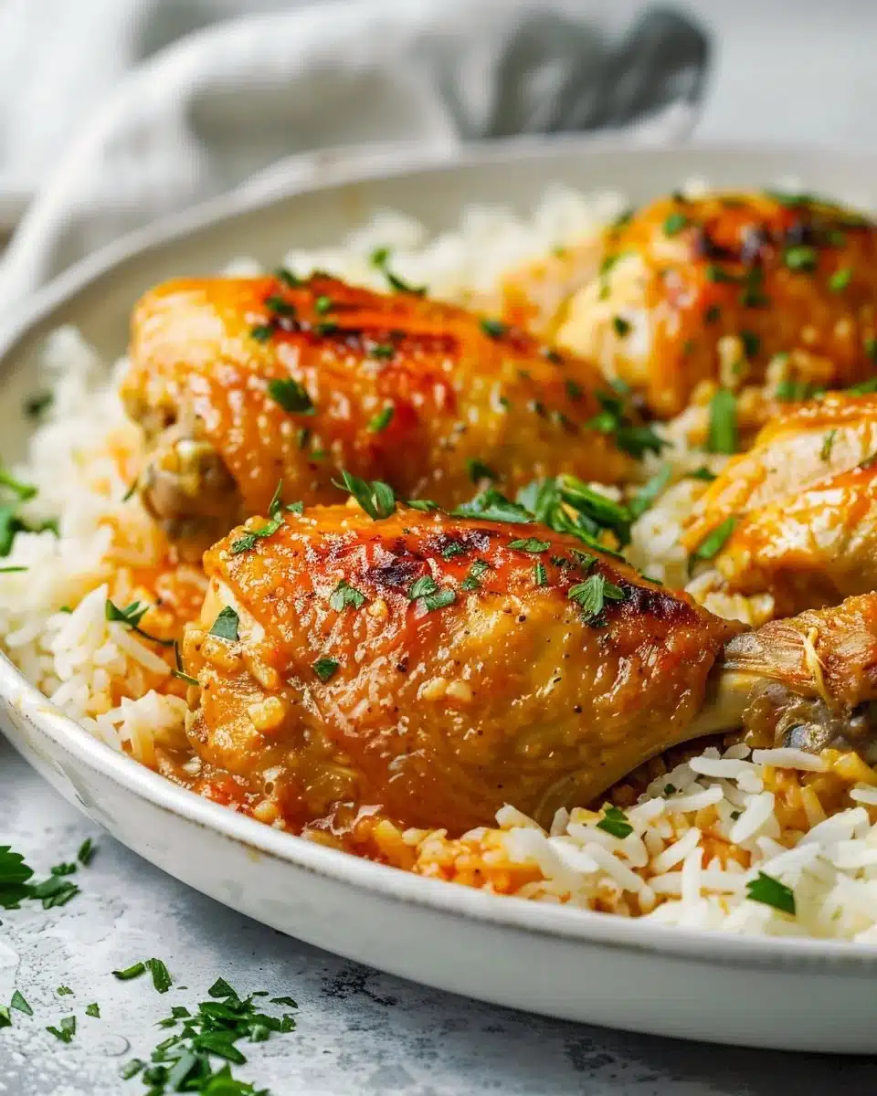 Delicious smothered chicken served over fluffy rice with savory gravy.