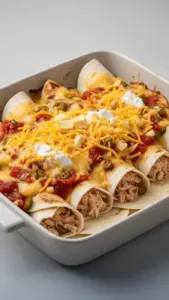 Cheese Chicken Enchiladas Bake topped with melted cheese and fresh herbs