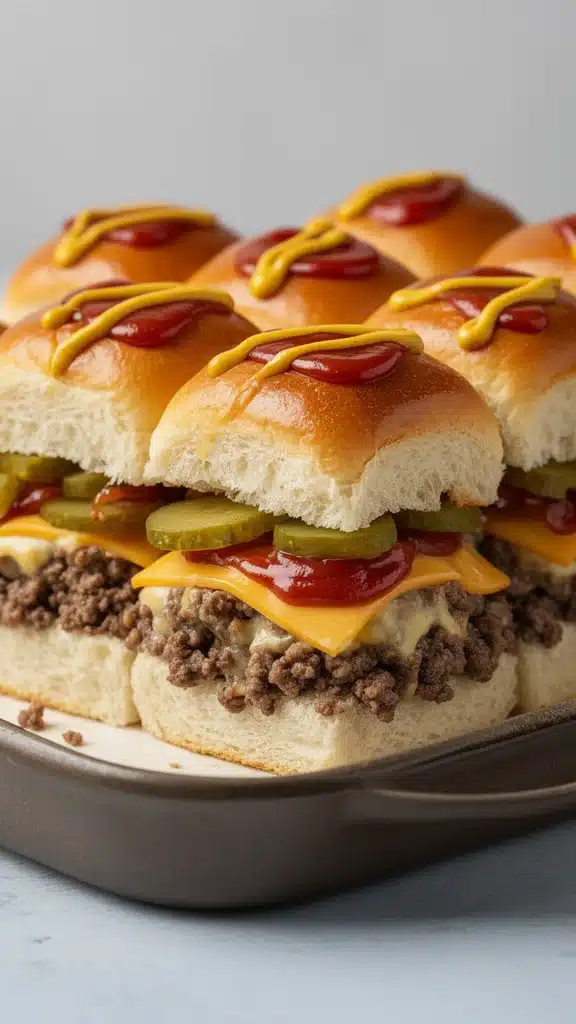 Plate of delicious cheeseburger sliders with toppings