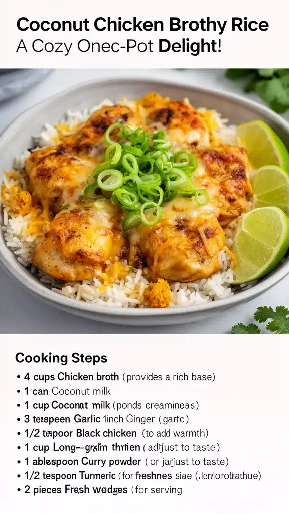 Coconut Chicken Brothy Rice served in a bowl with fresh herbs and spices