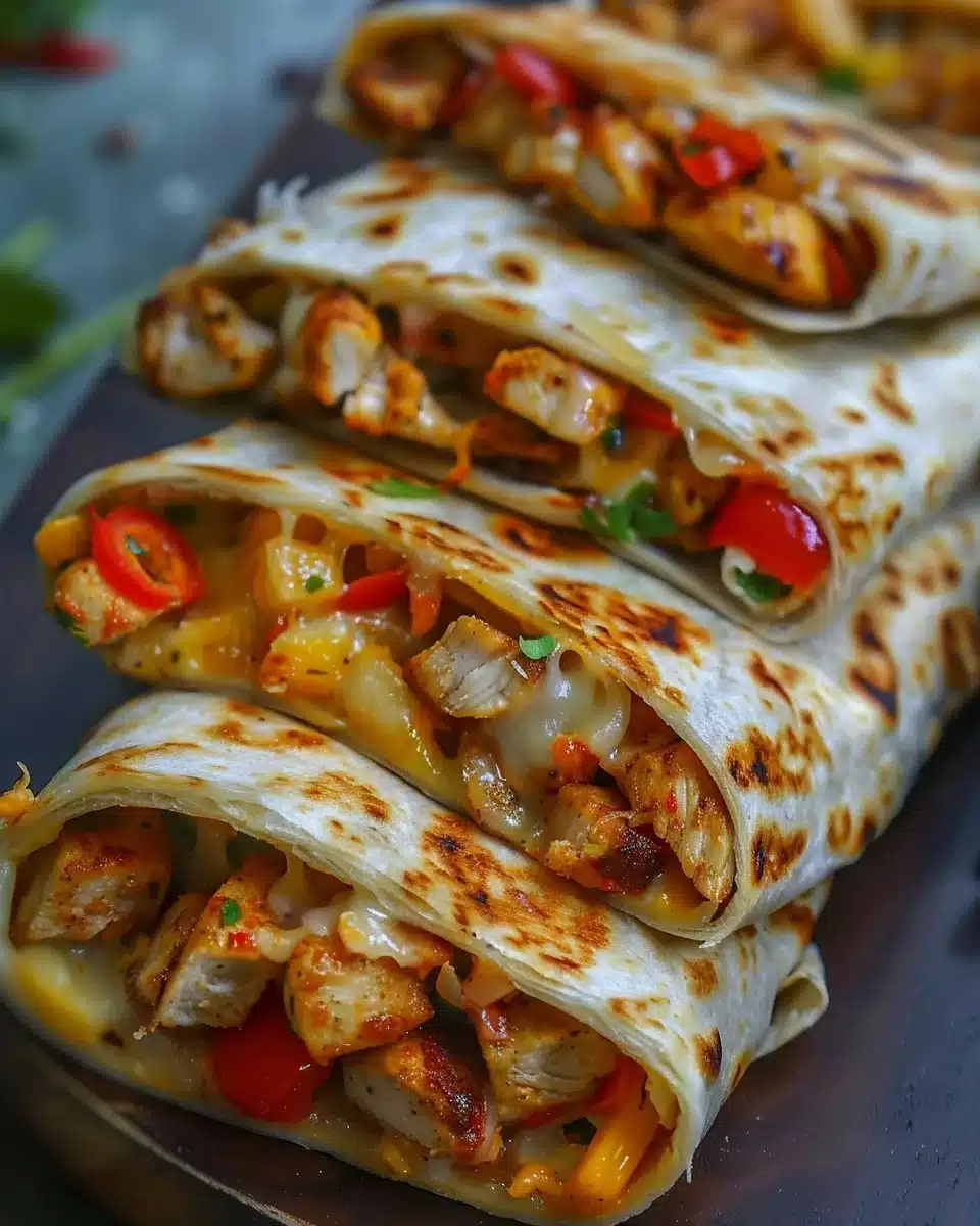 Delicious cheesy garlic chicken wraps served on a plate
