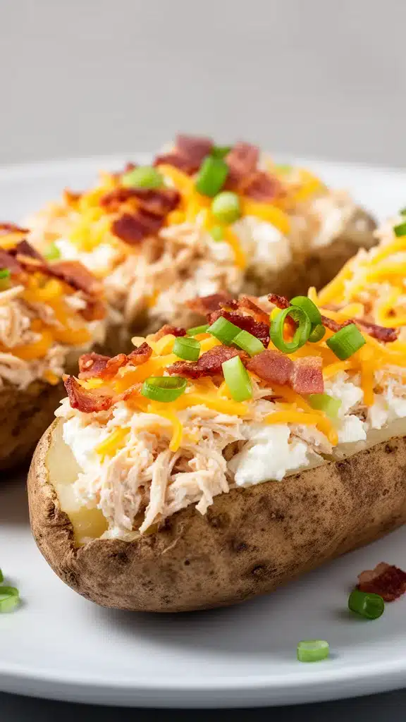 Crack Chicken Stuffed Baked Potatoes topped with creamy sauce