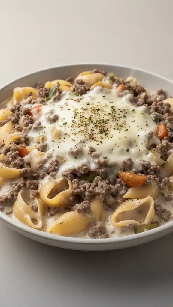Creamy beef and shells dish served in a bowl with garnishes