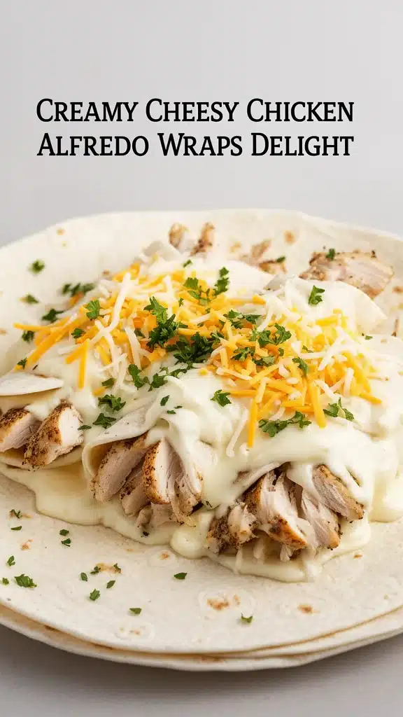 Creamy Cheesy Chicken Alfredo Wraps on a plate garnished with fresh herbs.