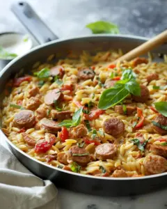 Creamy chicken sausage orzo dish in a skillet with fresh herbs