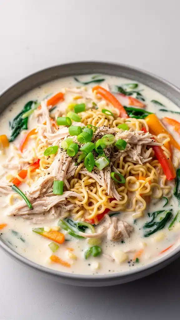 Bowl of creamy garlic chicken ramen with herbs and spices in a cozy setting