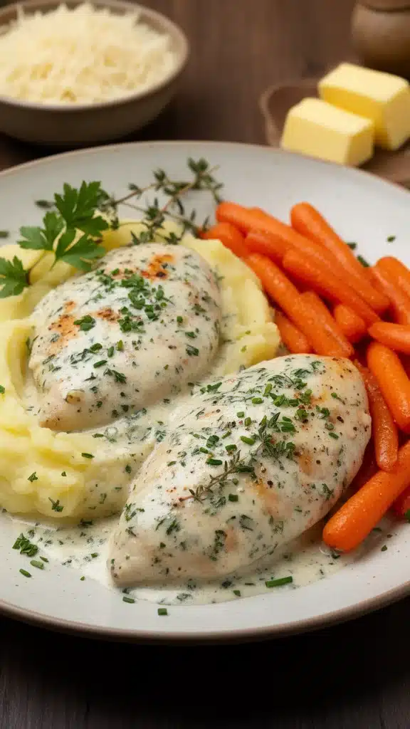 Creamy Herb Chicken with Mashed Potatoes & Glazed Carrots: A Complete Comfort Food Dinner