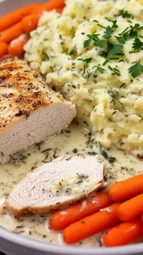 Creamy Herb Chicken with Mashed Potatoes & Glazed Carrots: A Complete Comfort Food Dinner