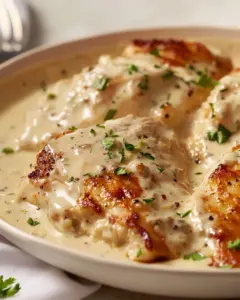Creamy Ranch Chicken served with herbs and vegetables on a plate