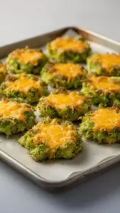 Crispy broccoli cheese rounds served on a plate, garnished for presentation.