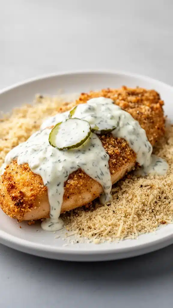 Crispy Parmesan Chicken plated with herbs and spices