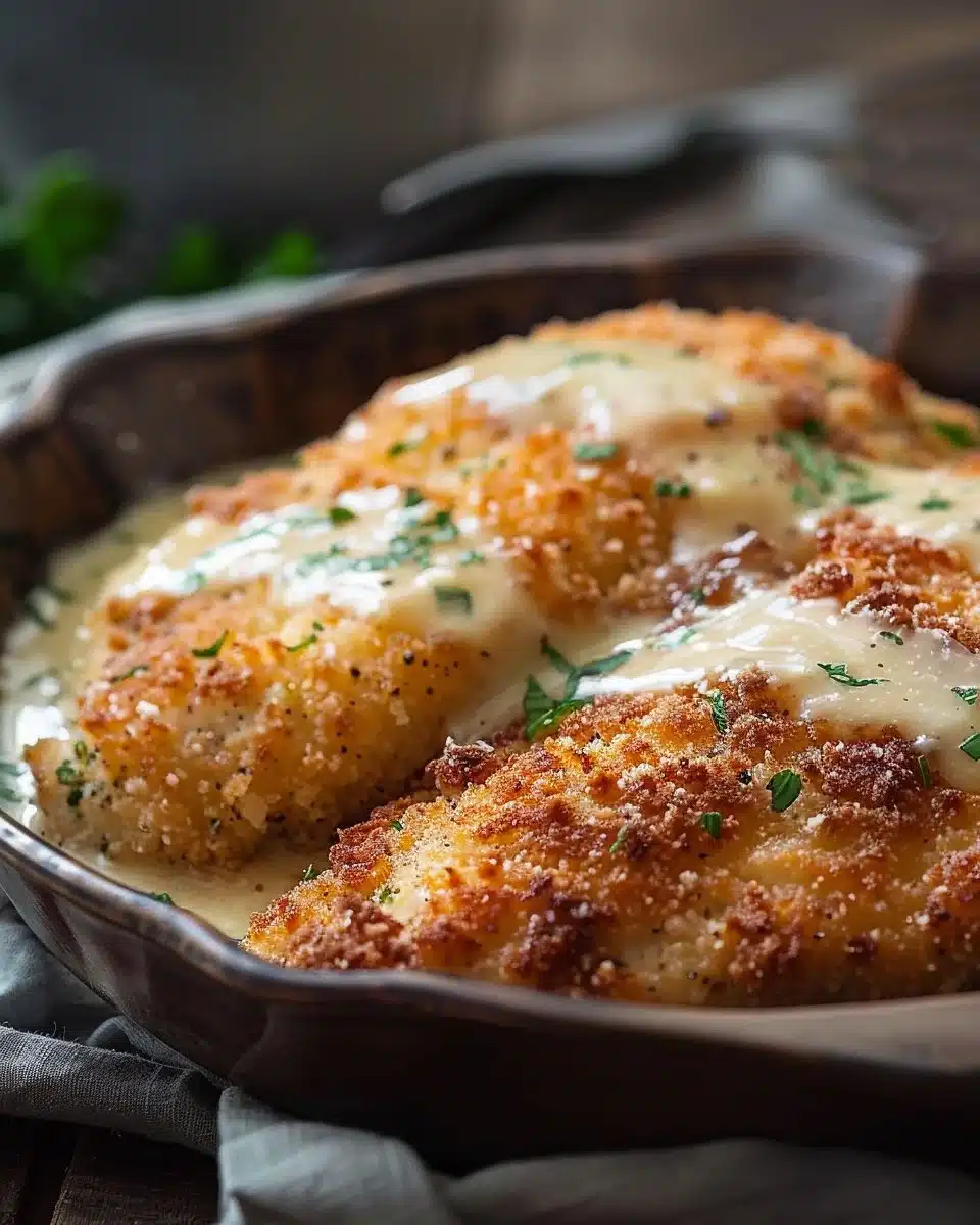 Crispy Parmesan Chicken garnished with herbs and served with garlic sauce.