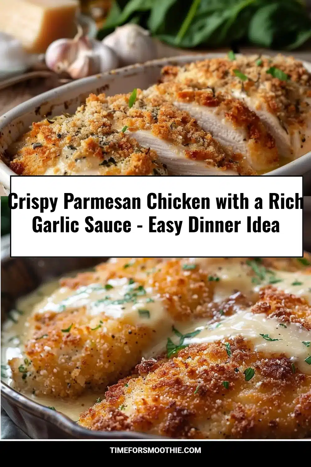 Crispy Parmesan Chicken with a Rich Garlic Sauce - Easy Dinner Idea