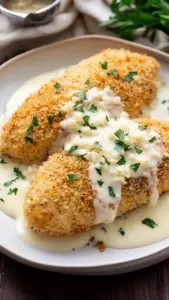 Crispy Parmesan Chicken served with garlic cream sauce on a plate