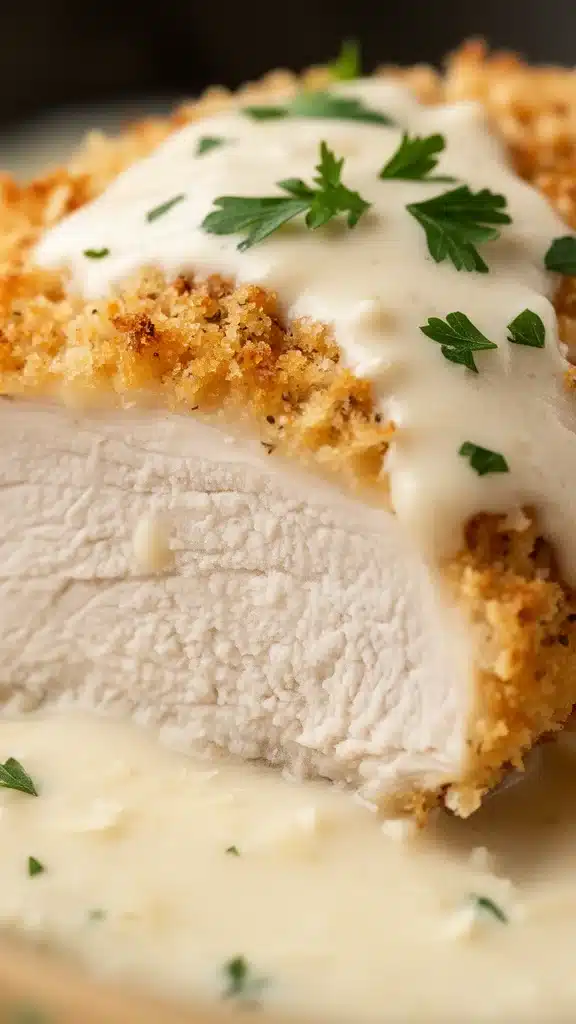 Crispy Parmesan Chicken with Garlic Cream Sauce