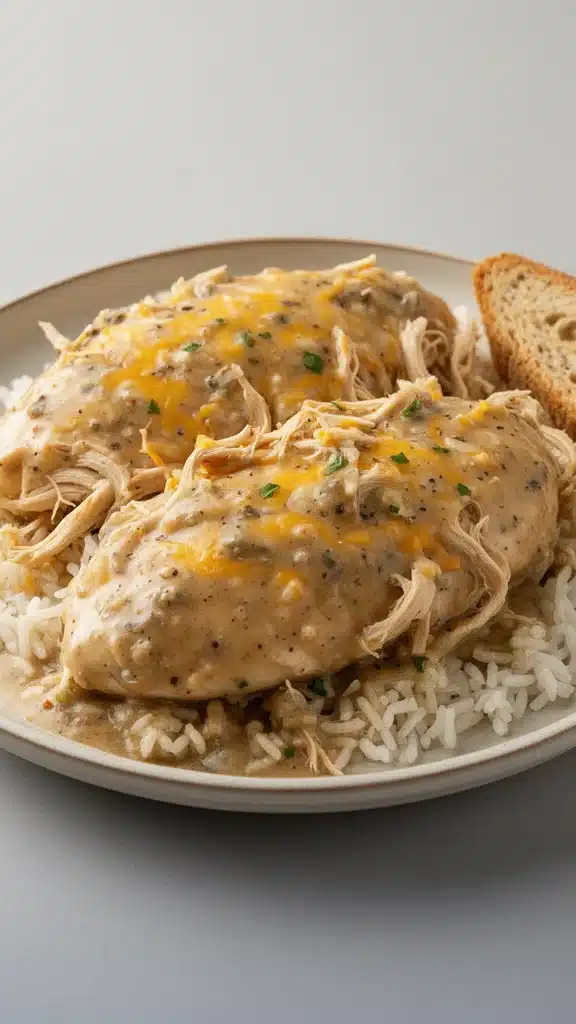 Delicious Crockpot Chicken and Gravy served on a plate