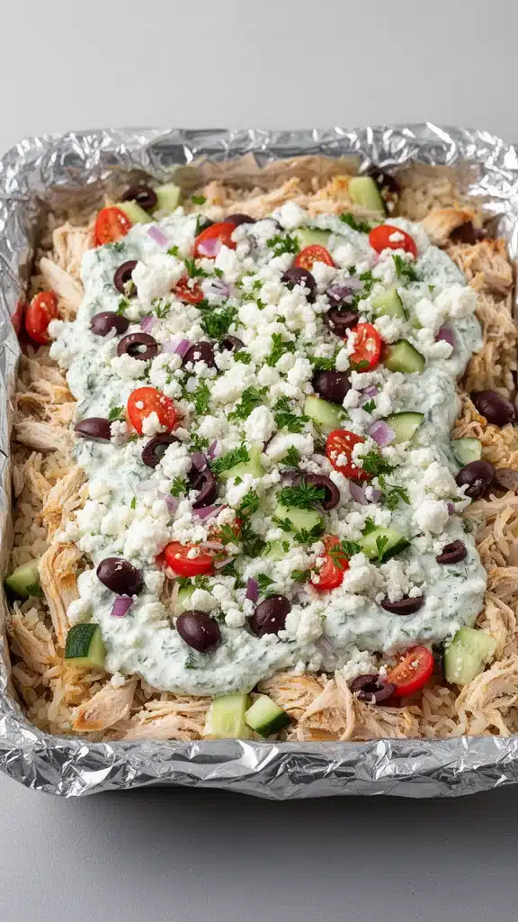 Delicious Chicken Tzatziki Casserole with fresh herbs and creamy sauce
