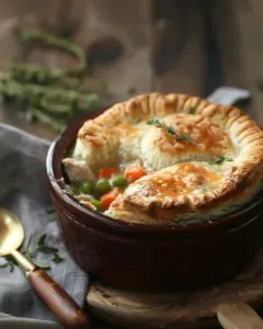Easy and delicious chicken pot pie with biscuits served in a baking dish