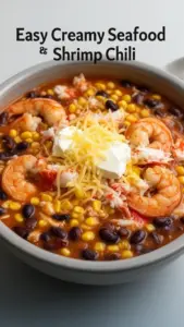 Bowl of easy creamy seafood and shrimp chili topped with fresh herbs