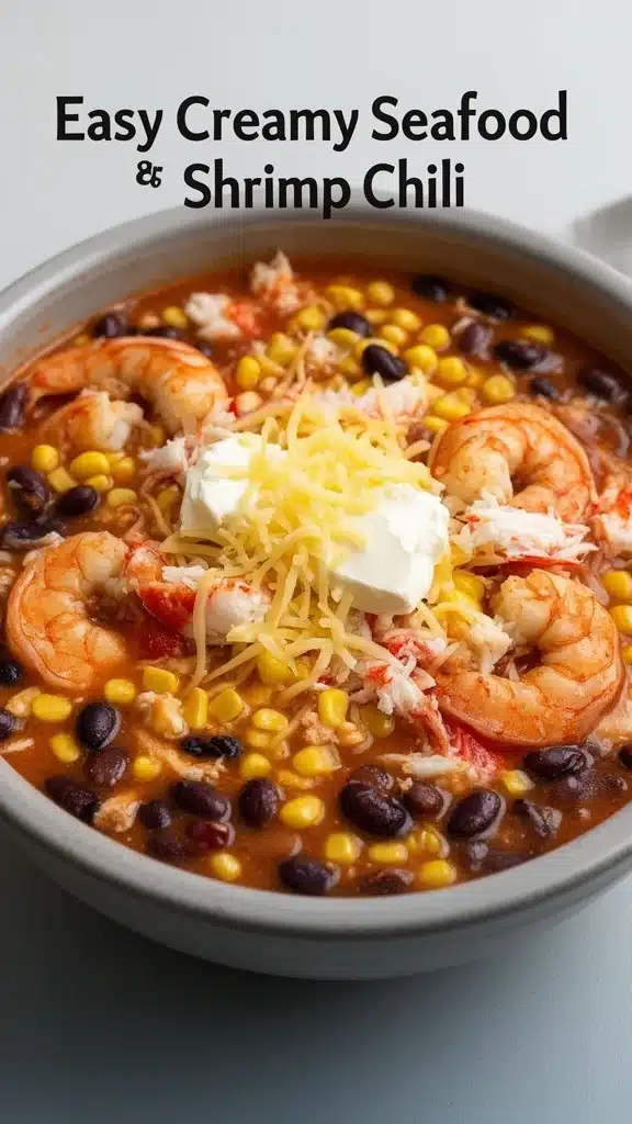 Bowl of easy creamy seafood and shrimp chili topped with fresh herbs