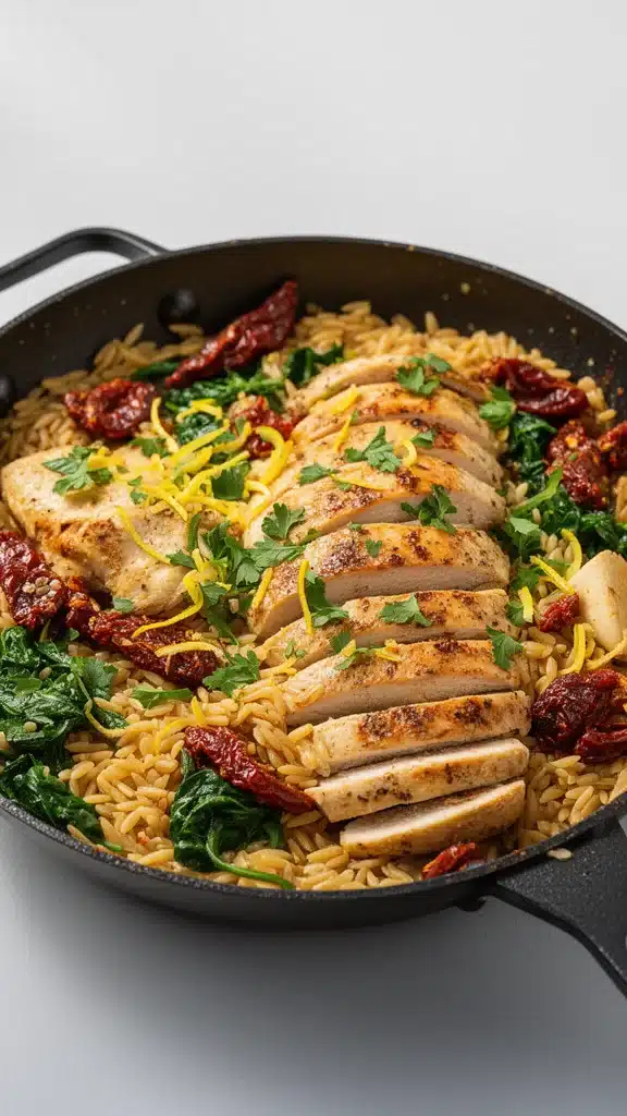 Delicious Mediterranean Chicken Orzo served in a bowl with fresh herbs and vegetables.