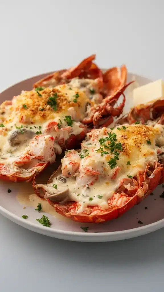 Delicious Lobster Thermidor served with a creamy sauce in a French cuisine presentation.